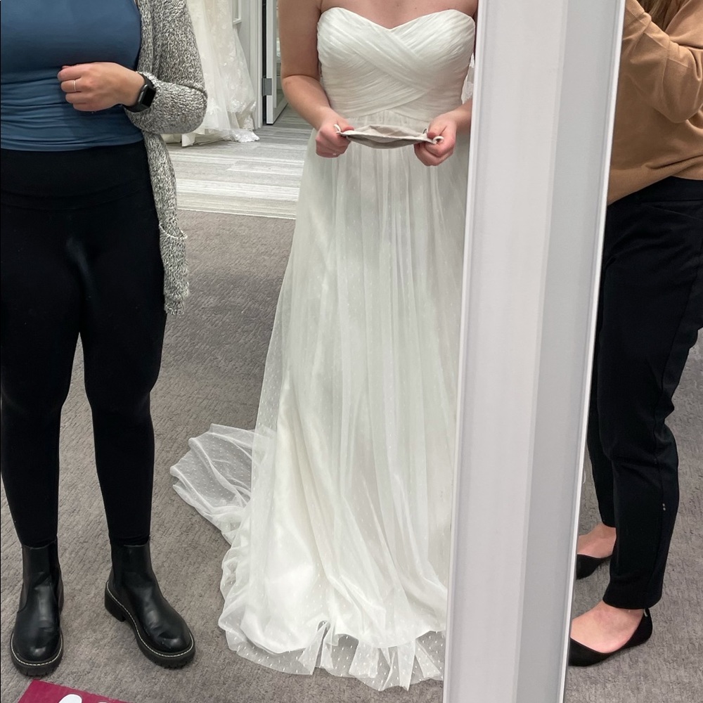 White Strapless David’s Bridal Wedding Dress